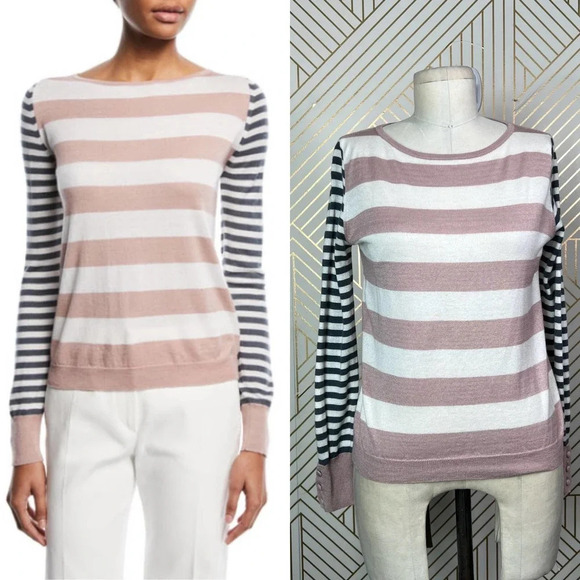 MaxMara Marica Boat Neck Striped Silk Cashmere Sweater Pink Gray Size‎ XS - Picture 1 of 12